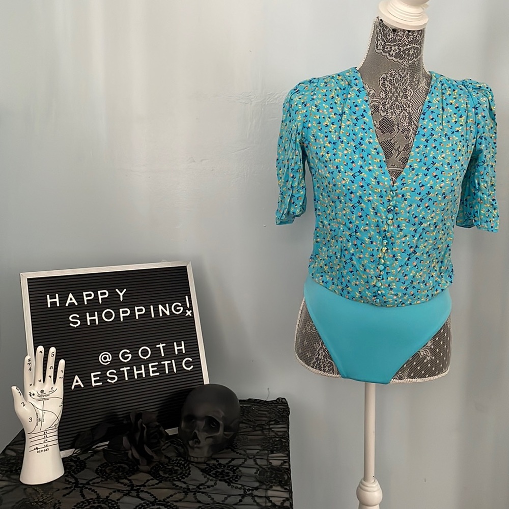 AFRM Dainty Floral Puff Sleeve V Neck Bodysuit with Faux Buttons Down Front